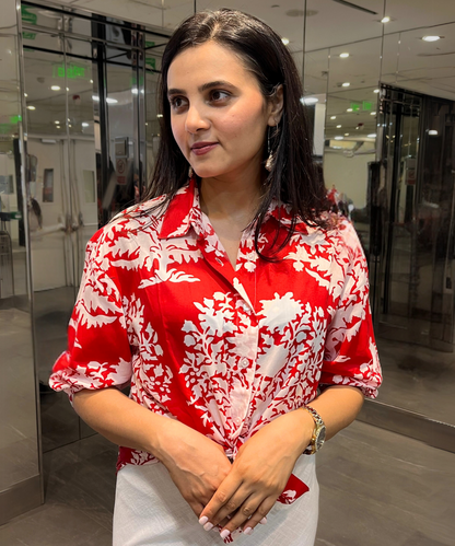 Red Floral Printed Cotton Shirt