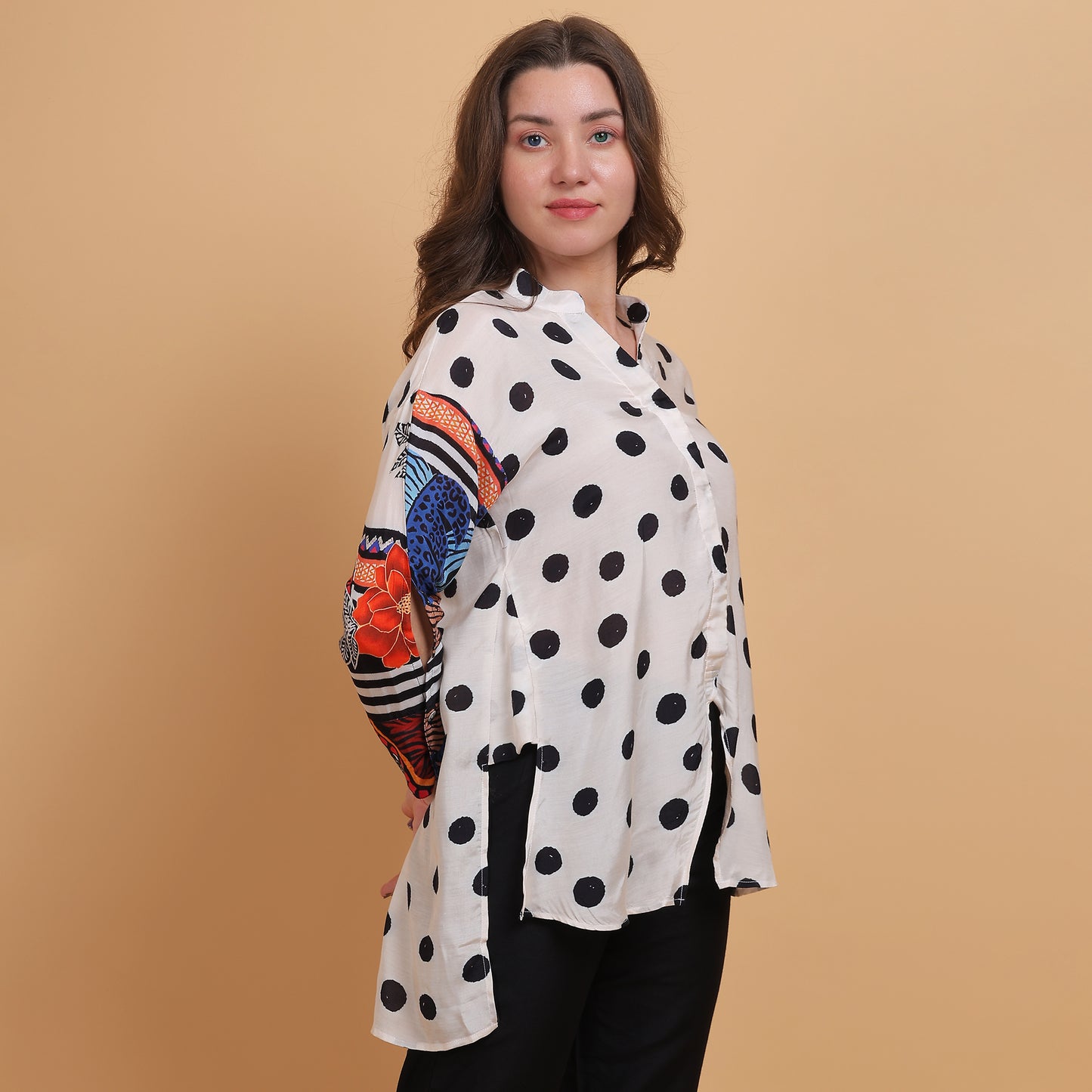 Polka Dot Floral Sleeves Women Shirt