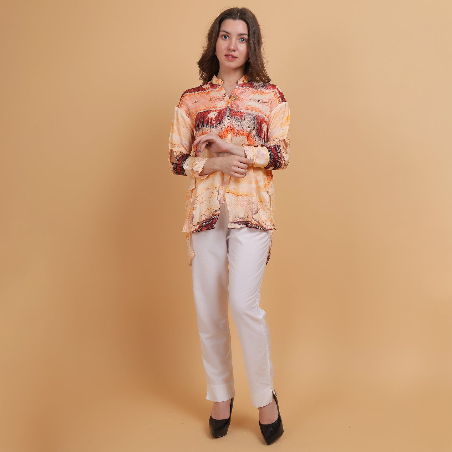 Peach Abstract Printed Women Shirt