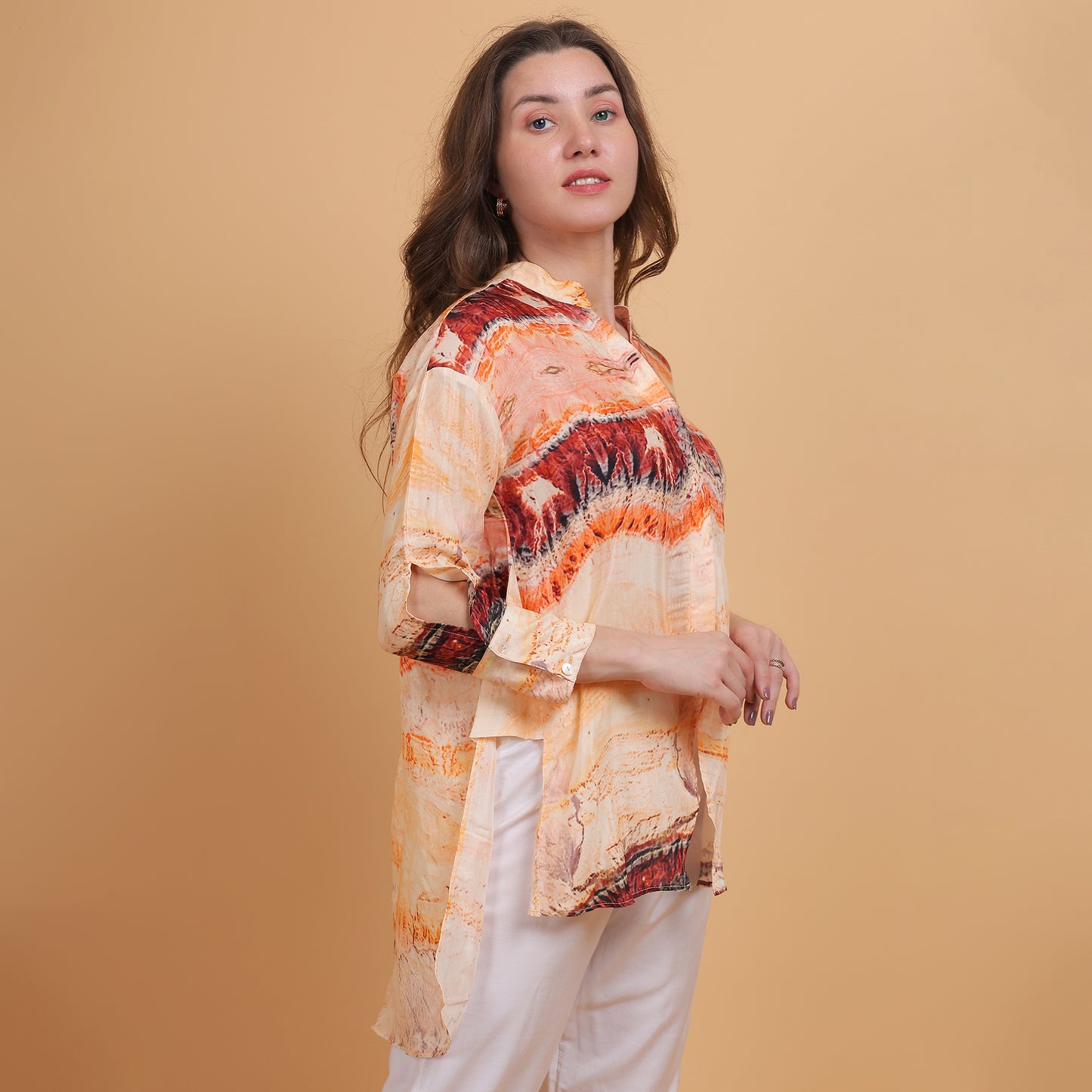 Peach Abstract Printed Women Shirt