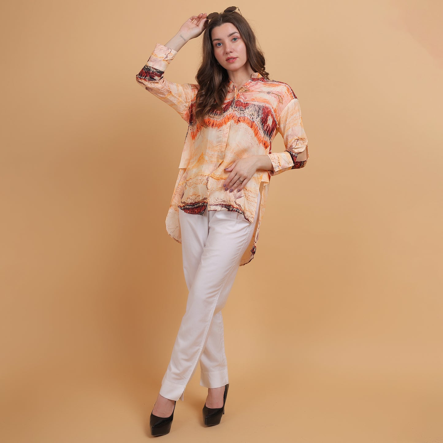 Peach Abstract Printed Women Shirt