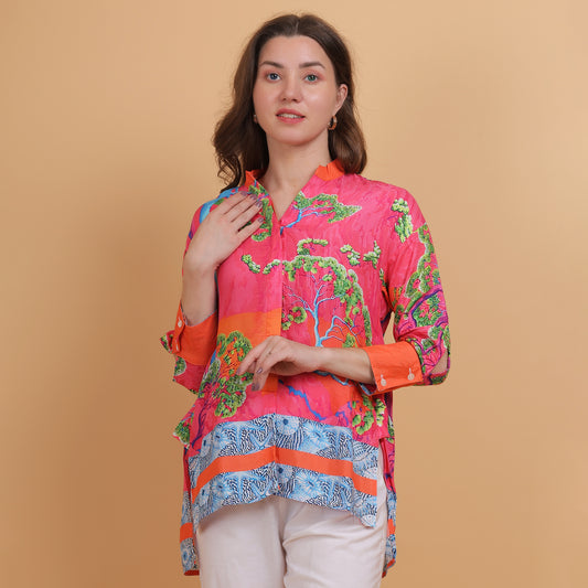 Pink and Orange Floral Printed Women Shirt