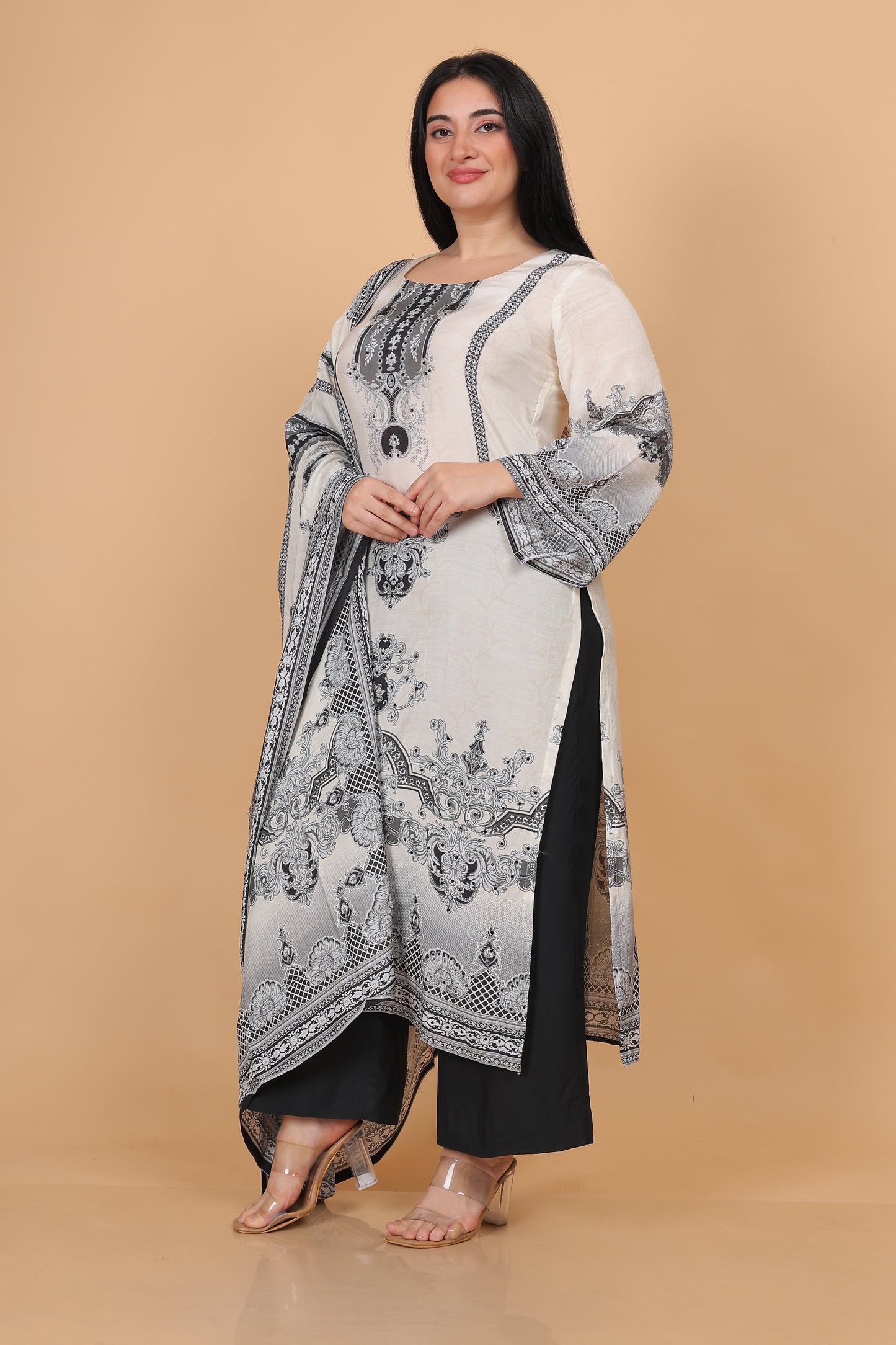 Ivory Printed Silk Blend Pakistani Suit