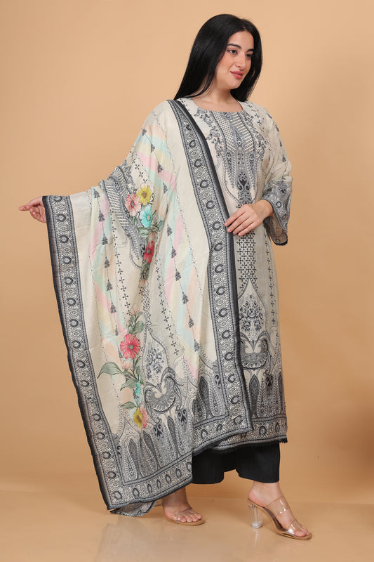 Beige Printed Silk Blend Pakistani Suit