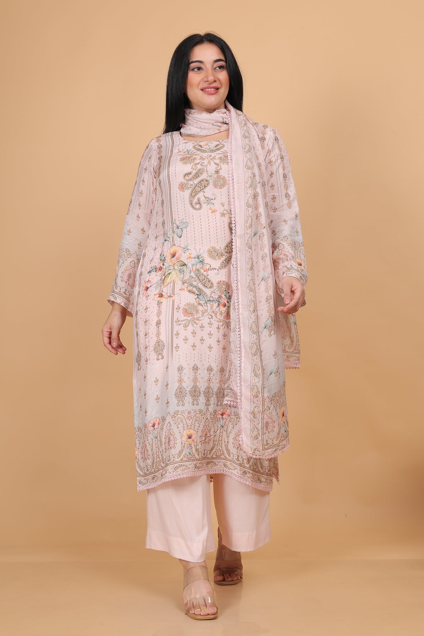 Blush Pink Printed Silk Blend Pakistani Suit