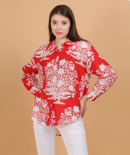 Red Floral Printed Cotton Shirt