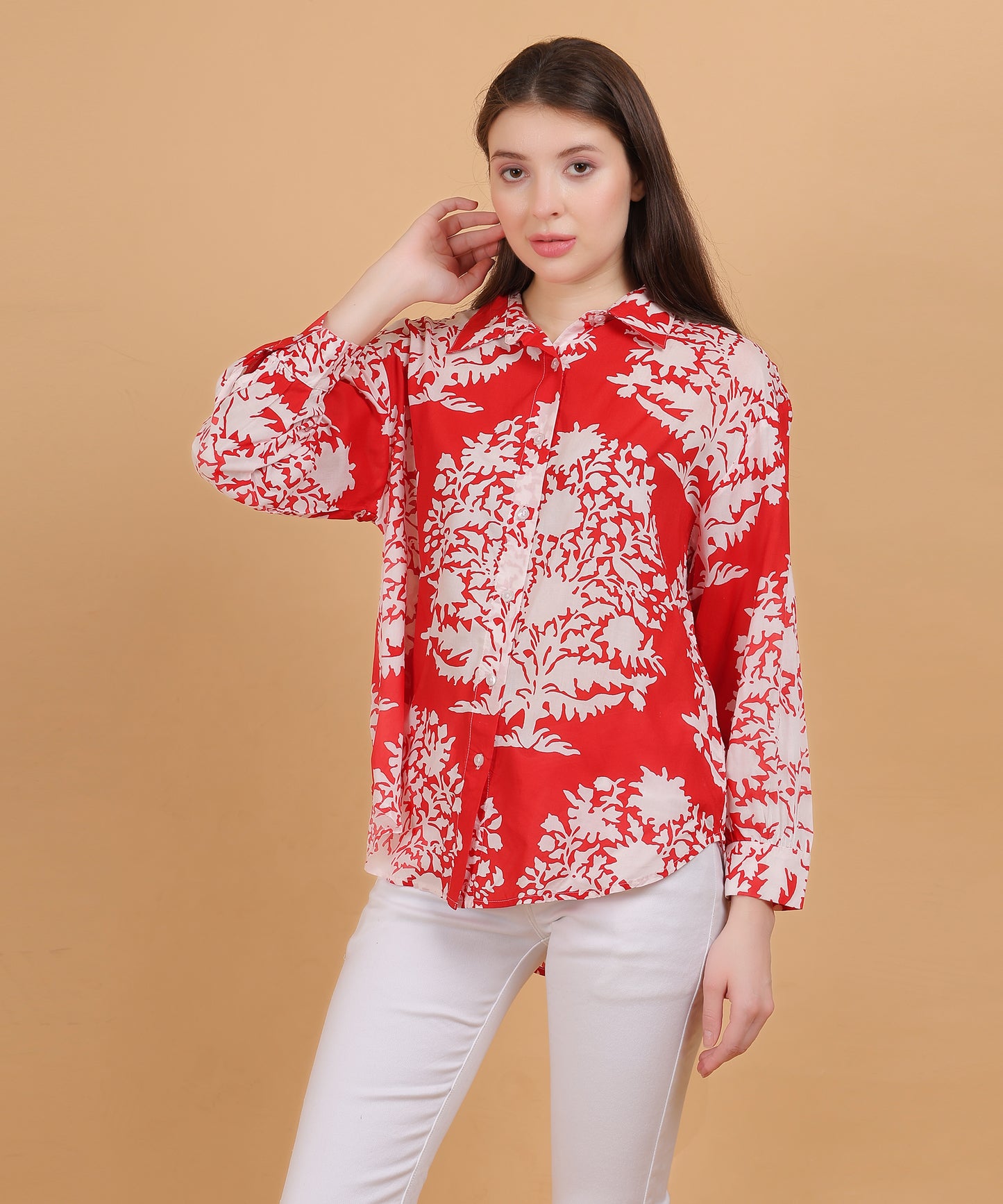 Red Floral Printed Cotton Shirt