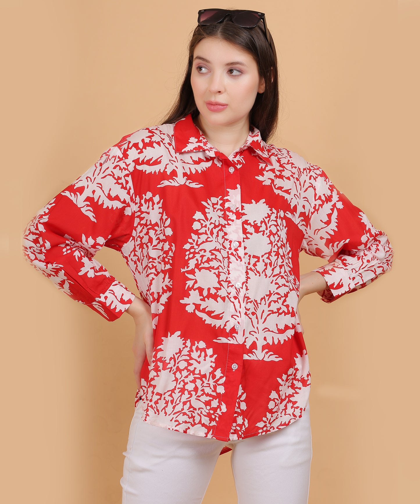 Red Floral Printed Cotton Shirt