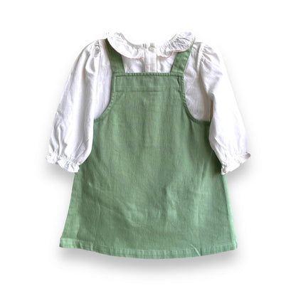 Girls 2 Piece Floral Pocket Embroidered Cotton Pinafore Dress