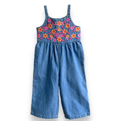 Girls Floral Embroidered Denim Dungaree Dress