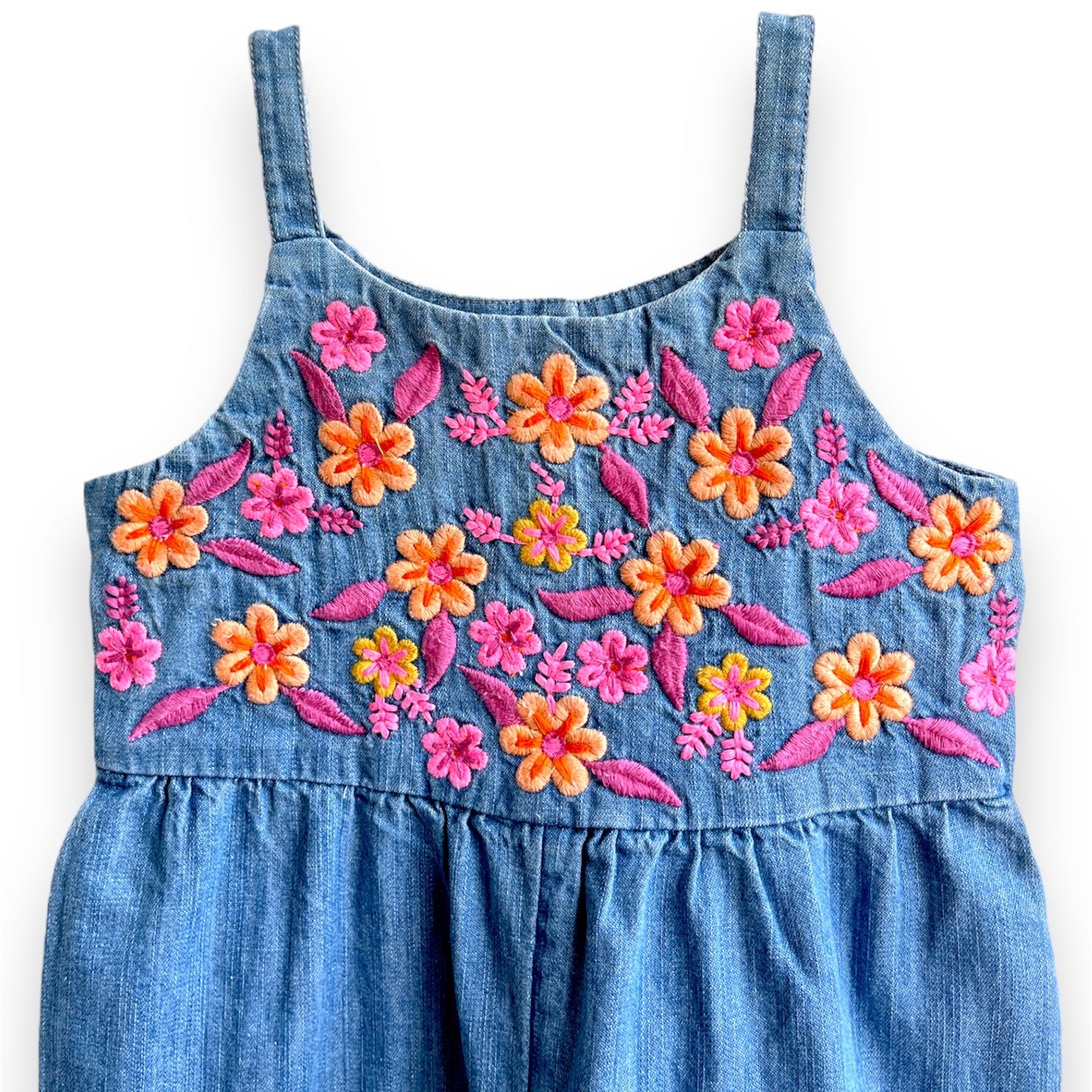 Girls Floral Embroidered Denim Dungaree Dress