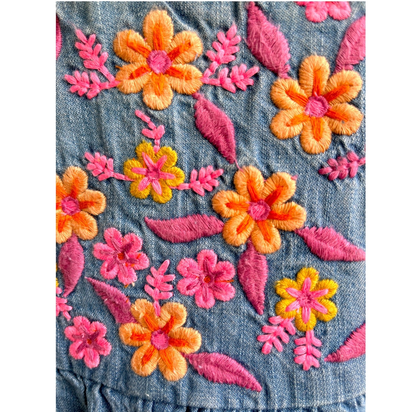 Girls Floral Embroidered Denim Dungaree Dress