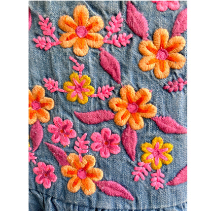 Girls Floral Embroidered Denim Dungaree Dress