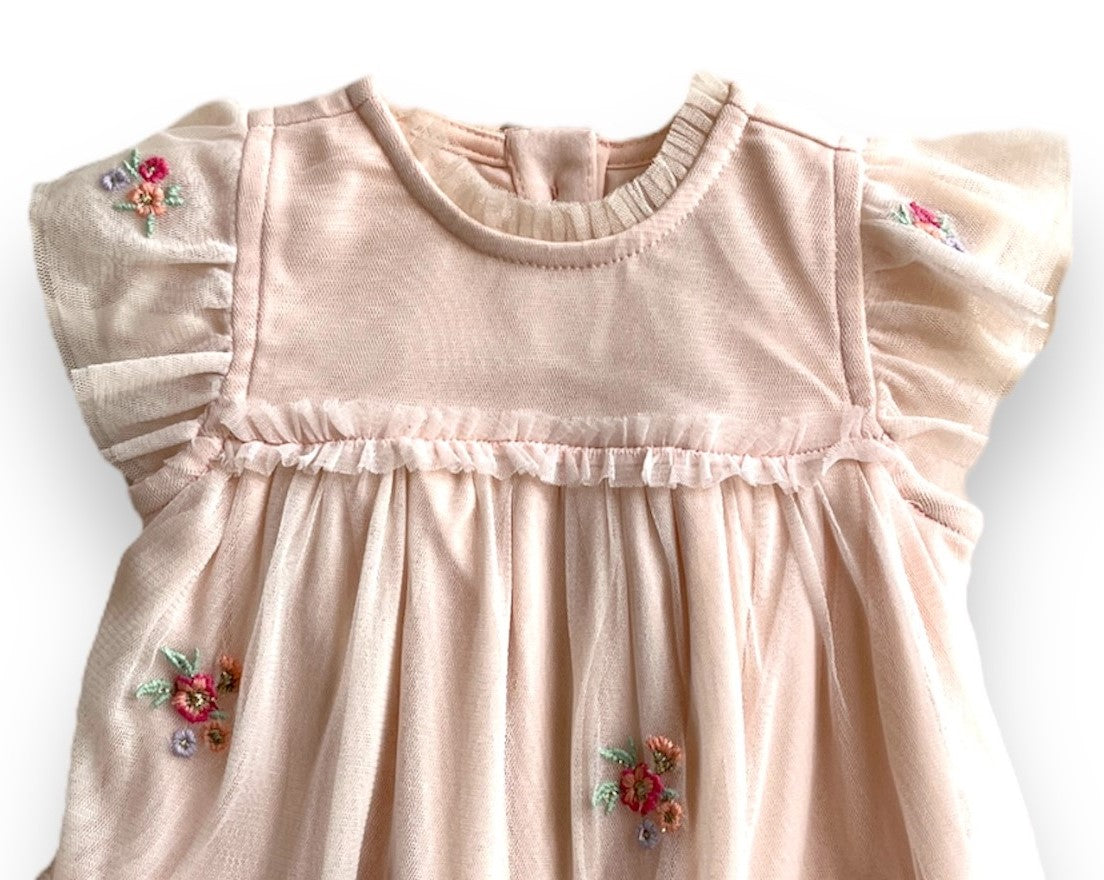 Girls Floral Embroidered Flutter Sleeves A-Line Dress