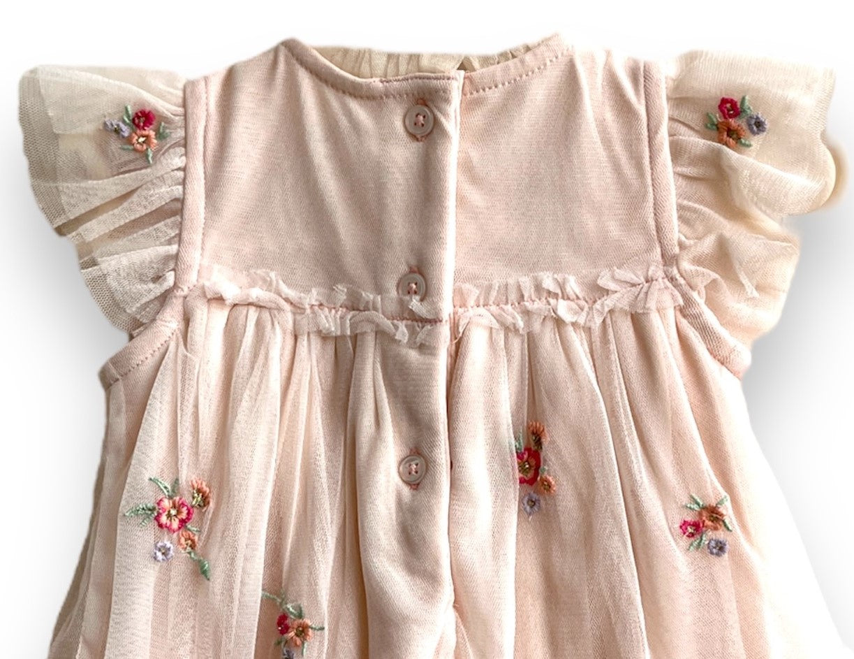 Girls Floral Embroidered Flutter Sleeves A-Line Dress